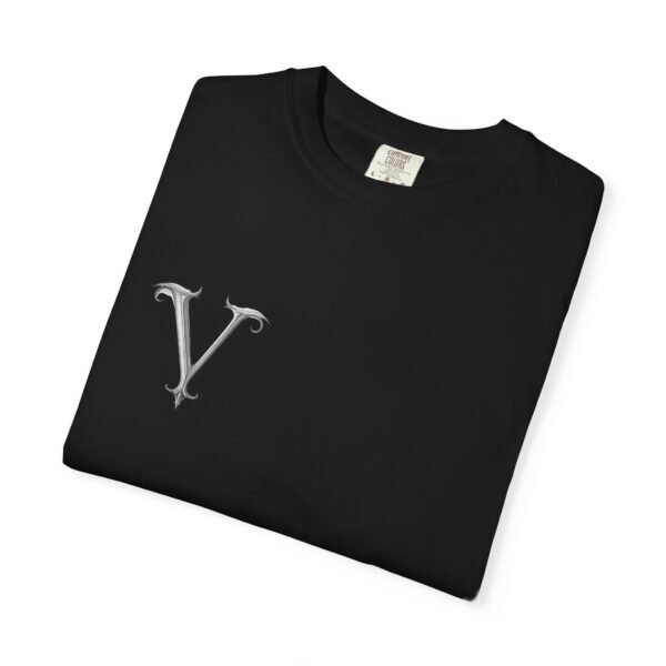 vertigo logo t‑shirt — minimal monogram front & vertical 'vertigo' back