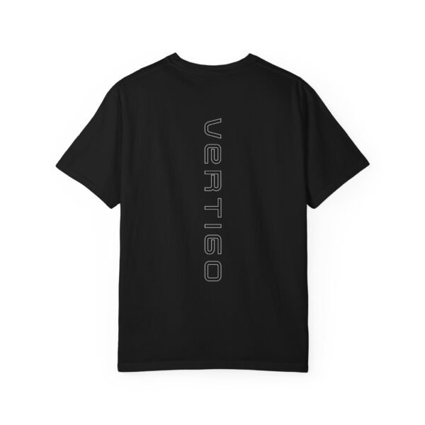 vertigo logo t‑shirt — minimal monogram front & vertical 'vertigo' back