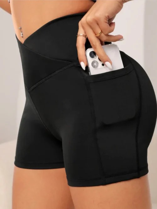 pantalones cortos de motociclista deportivos de yoga de cintura alta para mujer para fitness pantalones de yoga con bolsillo cruzado en la cintura